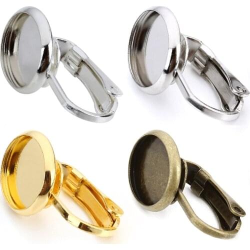 20pcs 10mm Copper Silver Color Earring Base Blank Bezel Tray Round Earring Clip Cobochon Setting Finding for DIY Jewelry Making