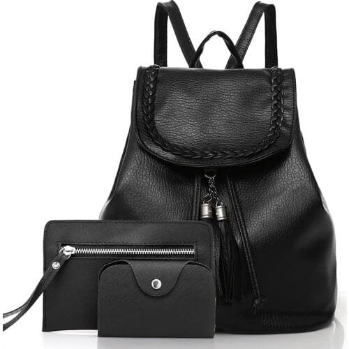 3Pcs/Set Women PU Leather Tote Bag Solid Color Fringe Drawstring Backpacks+Bags +Coin Pouch Large Capacity Backpacks Travel Bags