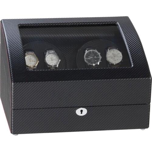 JQUEEN 4 Automatic Black Fiber Watch Winder with 6 Storage Case Modes for Mechanical Watch AC Adapter 5 Modes