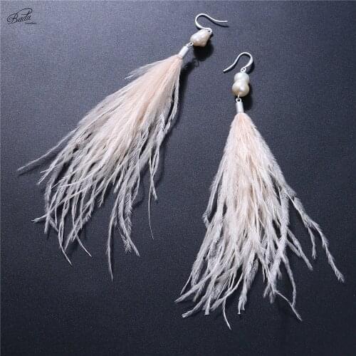 Badu Irregular Freshwater Pearl Drop Earring Long Ostrich Feather 4 Colors Women Jewelry Gift Holiday Collocation
