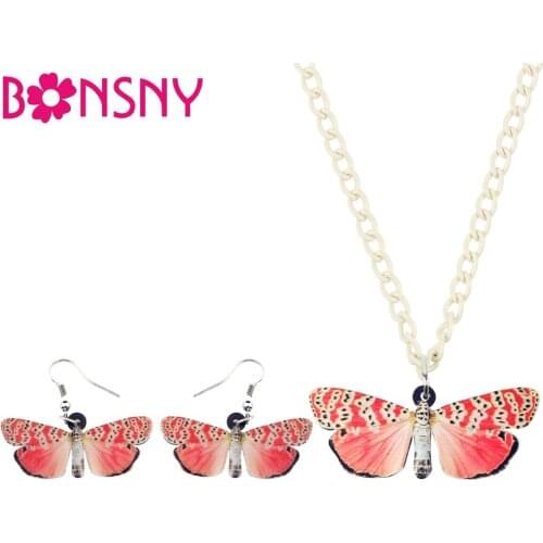 Bonsny Acrylic Pink Spotted Butterfly Insect Earrings Necklace Collar Chain Fashion Jewelry Sets For Women Girls Ladies Kid Gift