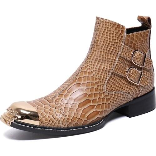 Christia Bella Winter Snake Skin Men Shoes Genuine Leather Boots Fashion Metal Toe Boots Plus Size Ankle Boots Buckle Boots