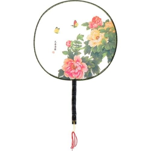 Wood Handle Chinese Vintage Palace Round Hand Fan Print Wedding Party Dance Gift