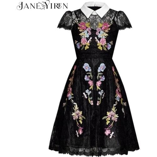 Janeyiren Fashion Designer Runway dress Spring Summer Women Dress Lace Floral Embroidery Black Elegant Dresses