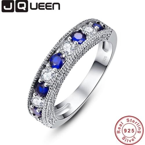 JQUEEN Round Blue Tanzanite White Zircon Rings For Women Silver Ring 925 Jewelry Pave Setting Crystal Jewelry Bijoux Femme