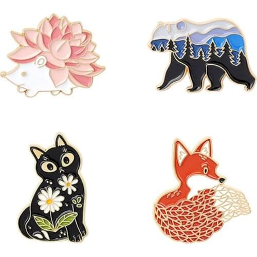 Forest Garden Enamel Pin Custom Fox Cat Bear Hedgehog Brooches Bag Lapel Pin Cartoon Animal Badge Jewelry Gift For Kids Friends
