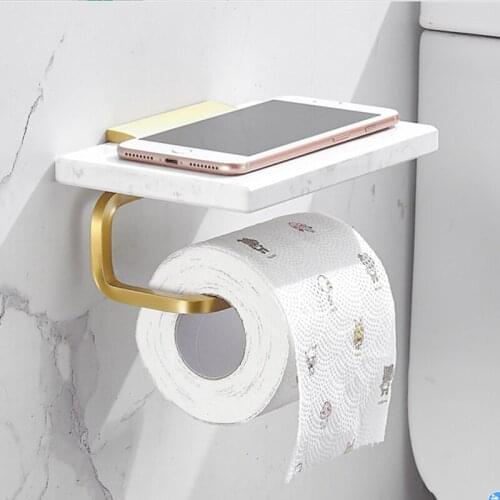 Marble Paper Towel Rack Toilet Paper Holder Wall Hanging Paper Box Cell Phone Shelf Bathroom Accessories Brushed Gold Towel Bar