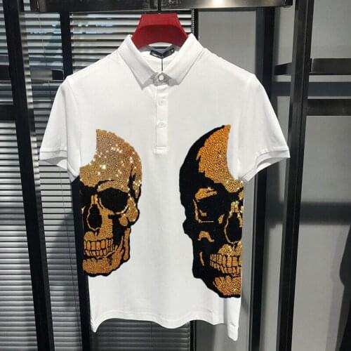 Perfect Rhinestone Extra Large Heavy Lndustry Double-Sided Skull Mens Lapel Polo Shirt Shining Gradient Short Sleeve