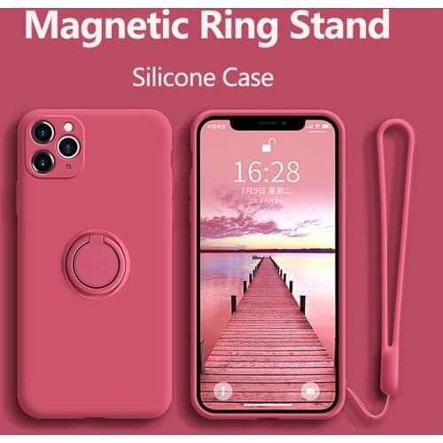 Soft Liquid Silicone Case For iPhone 12 11 Pro Max XS Mini X XR 7 8 6 Plus iPhone12 iPhone11 8Plus Covers With Ring Holder Stand