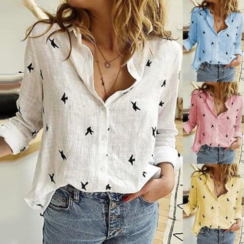 Hot Autumn Bird Print Shirt Casual Women Blouses Turn Down Collar Long Sleeve Blouse Top All-match Loose Shirt Ladies Top
