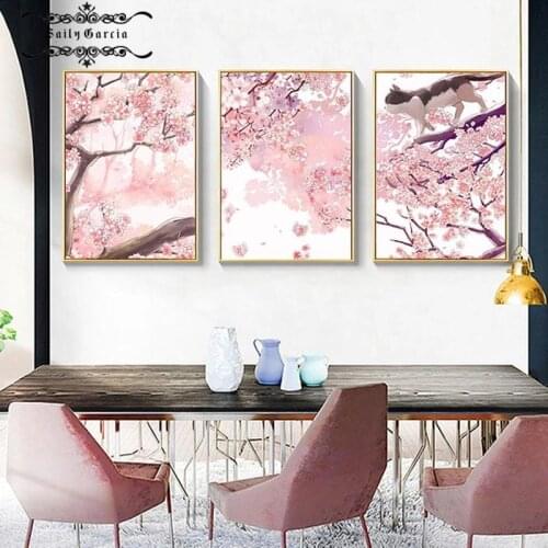 Cherry Blossom Landscape Poster Lovely Cat Canvas Prints Cartoon Japanese Interior Painting for Home Wall Art Decoration Picture