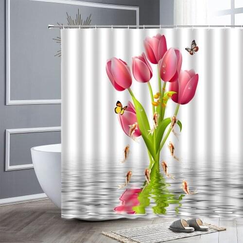 Natural Flowers Shower Curtains Pink Tulip Butterfly Fish Pattern 3D Printing Waterproof Fabric Home Decor Bathroom Curtain Sets