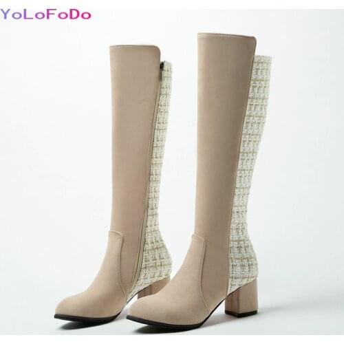 Plus Size 33-45 Women Knee High Boots Fashion Round Toe Square Heel Calf Boots Side Zipper Boots Short Plush Ladies Winter Shoes