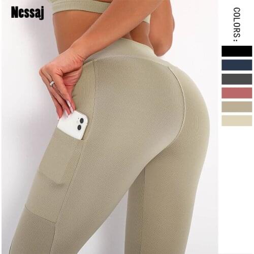 Nessaj Sexy womens Clothing High Waist Sports Pants With Pocket Leggings For Fitness Girls Workout Solid Gym Leggings Trousers