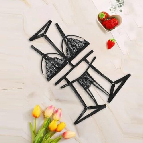 Sexy Women Lace Lingerie See-Through Underwear Hollow Out Perspective Babydoll Briefs With Garter Belt Suit lenceria femenina