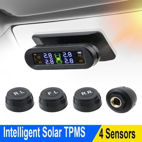 Solar TPMS Car Tyre Pressure Monitor With 4 External Sensors Tire Pressure Monitoring System Temperature Warning Fuel Save