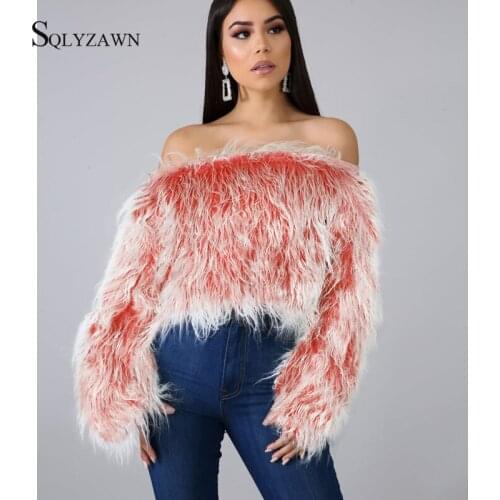 Sexy Off Shoulder Faux Fur Top Shirt Women Plush Crop Top Warm Luxury Short Shaggy Tassel Artificial Fur Pullover Top Streetwear