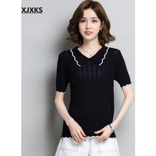 XJXKS Lapel short-sleeved women T-shirt 2021 summer new style high elasticity comfortable thin knit top women T-shirt