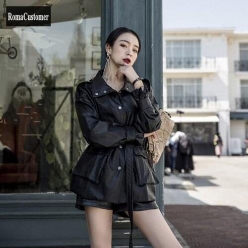 Fashion Womens Korean Biker Jacket 2021 Autumn New Loose Casual Solid Turn-Down Collar Black High Street Female Elegant Coat
