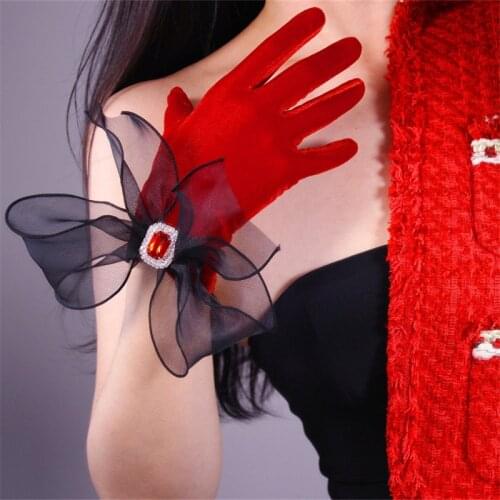 Red Velour Short Gloves 22cm Transparent Wave Mesh Snow Yarn Hard Ribbon Oversized Bow Jewel Diamond Chain Female Gloves WSR19
