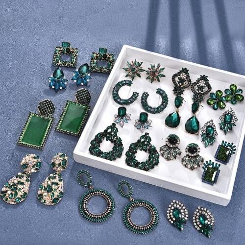 New Fashion Vintage Earrings Grandmother Green Crystal Rhinestone Stud Earrings Female Accessories Wholesale