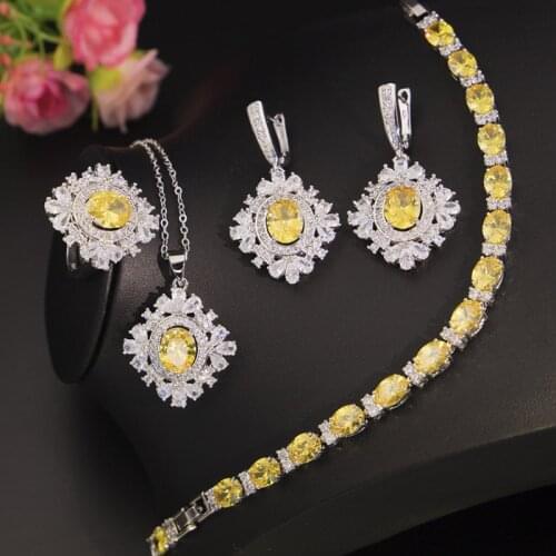 Zlxgirl jewelry womens brand wedding jewelry sets metal peach yellow zircon copper necklace sets pendant earring bracelet ring