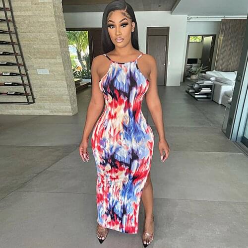 Black White Cow Tie Dye Print Summer Sundress for Women Spaghetti Strap Open Back Skinny Dress Vintage Side High Split Dress