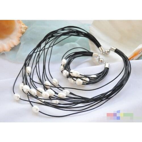 15row 13mm white rice pearl black leather necklace & bracelet