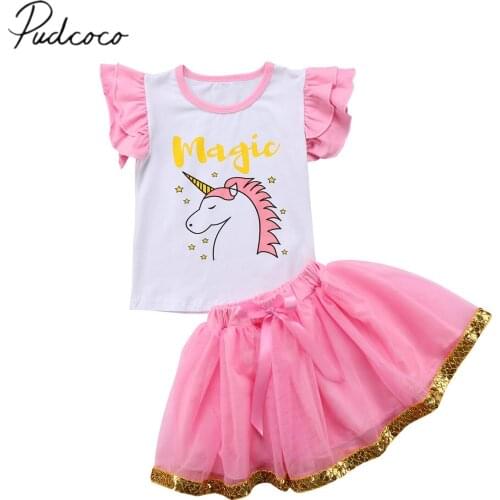 2018 Brand New Toddler Infant Child Kids Girl Clothes Unicorn Ruffled Tops Shirt Tutu Skirt 2Pcs Set Sleeveless Cartoon Outftits