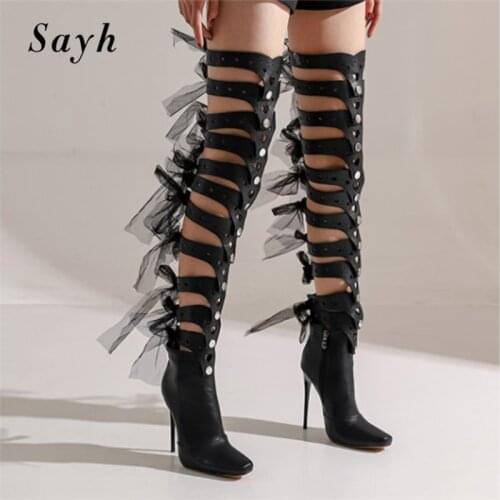 2 Style Woman Gladiator Knee High Boots Pointy Toe High Heels Stilettos Lace Up Hollow Up Roma Bootie Pu Leather Runway Shoes