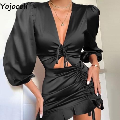 Yojoceli Sexy ruffle satin black pleated dress Autumn hollow out elegant women dress Party club casual short dress vestidos