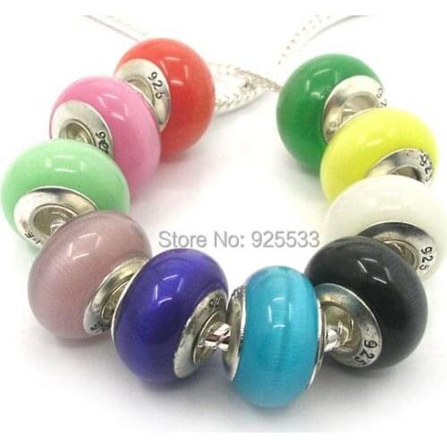 Free Shipping 14mm Cat-Eye Glass silver plated core Big Hole Beads fit European Jewelry Bracelet Charms DIY