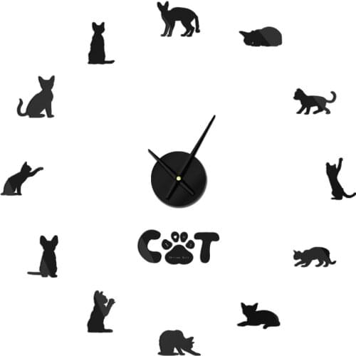 Large Devon Rex Cat DIY Wall Clock Acrylic Mirror Cat clock 3D Quartz Watch Battery Operated Personalized Animal Wall decor