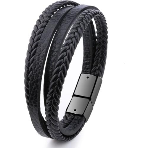 Men Braided Leather Bracelet Armband Black Brown Multilayer Leather Magnetic Clasp Charm Bracelets For Men Trendy Jewelry Gifts