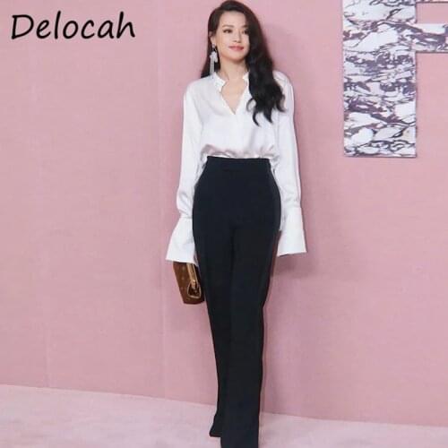 Delocah New 2021 Summer Women Fashion Runway Pants Set Flare Sleeve Loose Blouses + High Waist Black Long Pants 2 Two Pieces Set