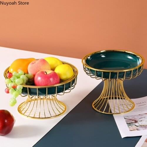 Ceramic Fruit Plate Household Snack Nut Decoration Plate Round Golden Iron Shelf Living Room Storage Tray Restaurant Supplies