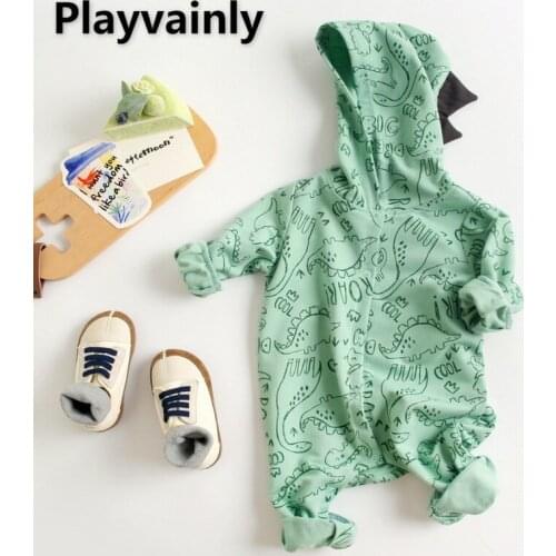 2021 New Autumn Boys Girls Romper Green Long Sleeves Cartoon Dinosaur Hooded Jumpsuit Newborn Clothes Infant Outfits E2074