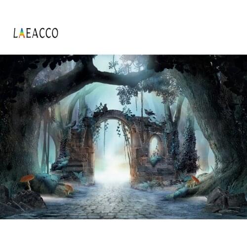 Laeacco Fairy Tale Theme Photography Backdrops Forest Jungle Trees Mushroom Arch Door Photo Backgrounds Baby Portrait Photophone