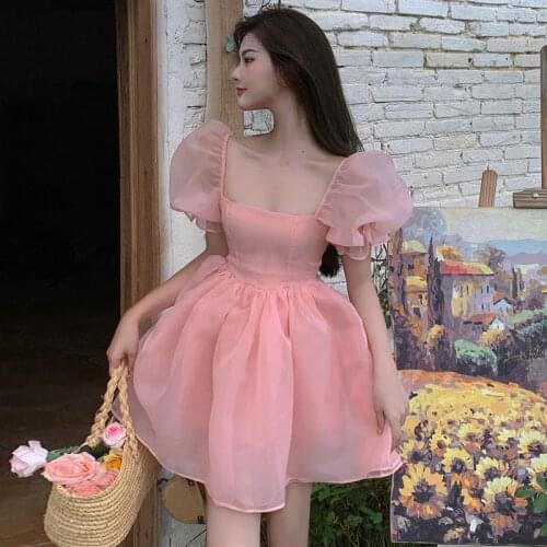 Lantern Short Sleeve Solid Pink Mini Dress Ladies Elegant A Line Summer Sweet puff sleeve waist mesh square collarDresses 2021