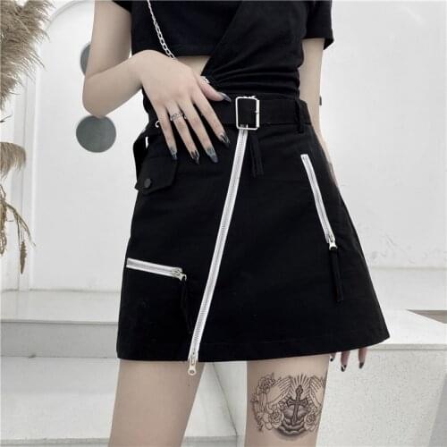 Summer Black Harajuku Short Skirt Mini A-Line High Waist Irregular Street Hip-Hop Skirt Casual Korean Belt Zipper Womens Skirts