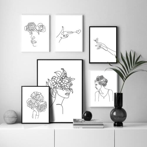 Girl Line Flower Hand Heart Minimalist Wall Art Canvas Painting Nordic Posters And Prints Wall Pictures For Living Room Decor