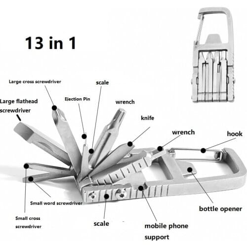 13 in1 Tool Card Multi-purpose Pocket Tool Screwdriver Wrench Stainless Steel Key Ring Camp Survive Outdoor Hike Phone Holder