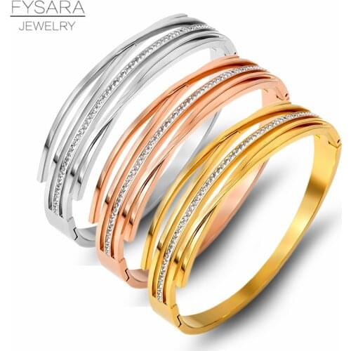 FYSARA Korean Cross X Zirconia Crystals Bracelets & Bangles Women Jewelry Stainless Steel Sliver Gold Bangles Fashion Pulseiras