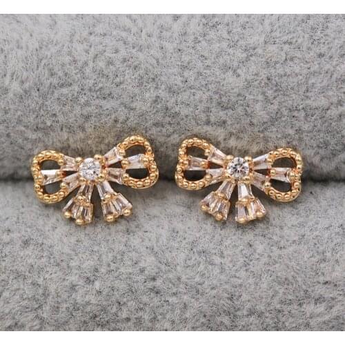 Trendy Gold Plated Copper Bowknot Stud Earrings Zirconia For Women Fashion Jewelry Accessories Wedding Anniversary Gifti