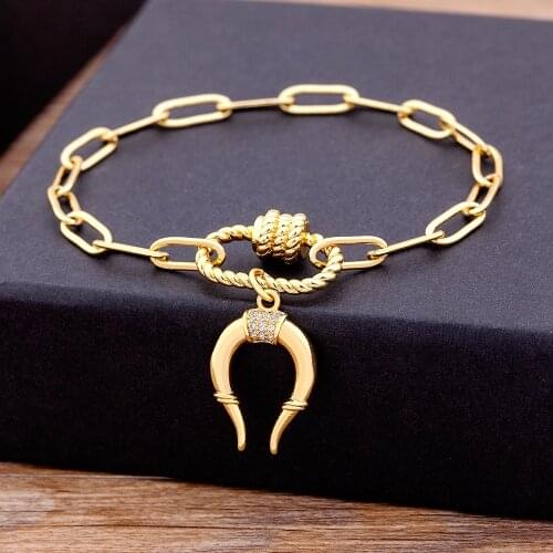 New Trendy Simple Horn Charming LInk Bracelet Unique Chain Bracelet Gift For Women Men Copper Zircon DIY Punk Style Jewelry Gift