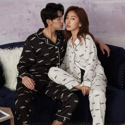 Couple Letter Print 2PCS Satin Sleep Suit Full Sleeve Shirt&Pant Home Wear Spring Autumn Casual Sleepwear Loose Nightwear M-XXXL