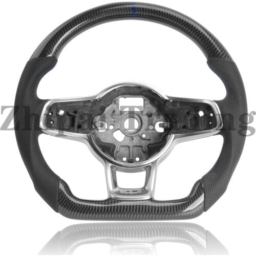 Carbon fiber steering wheel Perforated leather For golf MK7 GTI R steering wheel with chrom Trim replacement Blue top & stitch
