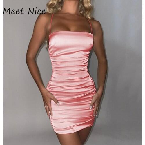 Sexy Women Dress Spaghetti Strap Back Satin Diamonds Studded Pleated Party Dress For Woman Solid Color Night Club Dresses
