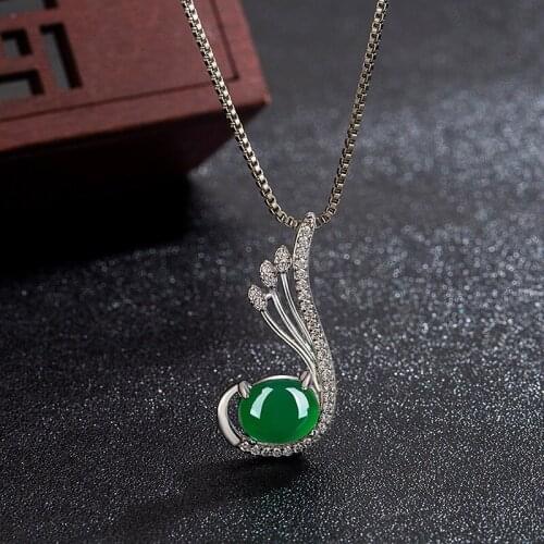 Natural Green Jade Chalcedony Feather Pendant 925 Silver Necklace Chinese Carved Fashion Charm Jewelry Amulet for Men Women Gift