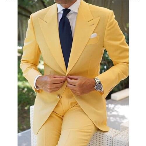 Yellow Slim Fit Casual Men Suits 2 Piece Wedding Groom Tuxedo Male Fashion Business Blazer with Pants Latest Design